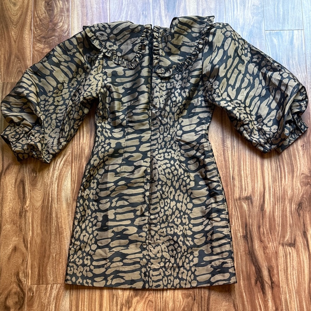 Ganni Black Golden Brown Jacquard Animal Print Collared Puff Sleeve Dress 6 - Picture 7 of 10